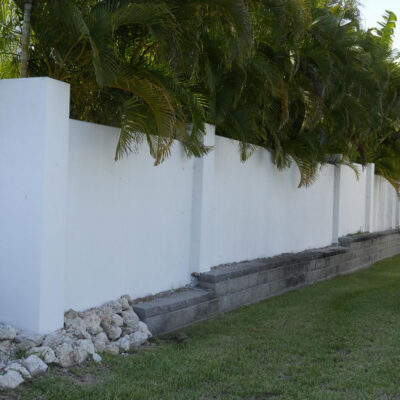 White concrete wall with palm trees behind it, stone steps, and a patch of grass in the foreground.