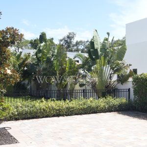 Paved patio area with nearby shrubs, palm trees, and a white modern building in the background under a sunny sky.