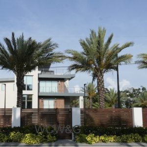 Modern house with large glass windows behind a wooden fence, surrounded by palm trees and greenery under a blue sky.