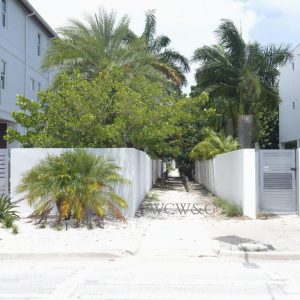 Narrow path between white walls and modern buildings, lined with palm trees and greenery under a partly cloudy sky.