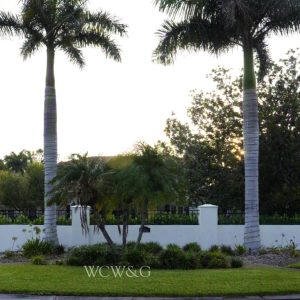 Two tall palm trees stand in front of a white fence enclosing a small landscaped area with shrubs and lantern posts.