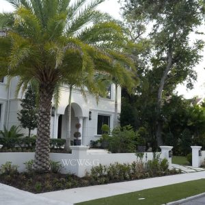 Modern white house with palm trees and manicured lawn, viewed from the sidewalk on a sunny day.