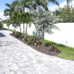 A paved driveway curves past palm trees, shrubs, and a white wall in a neatly landscaped yard under a blue sky.